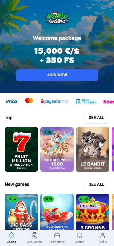Koru Casino home page on a mobile device