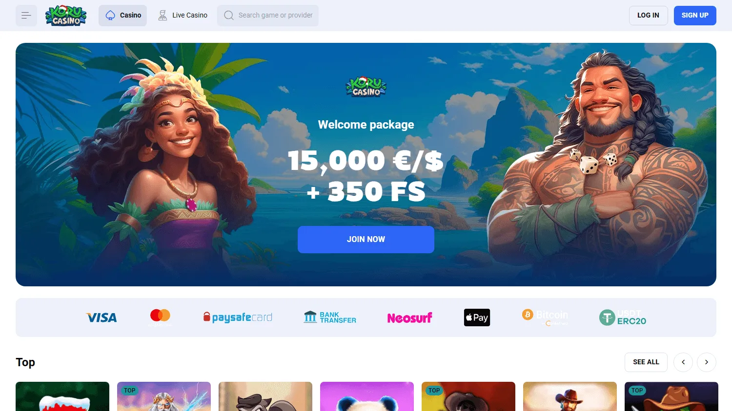Koru Casino home page on a desktop device