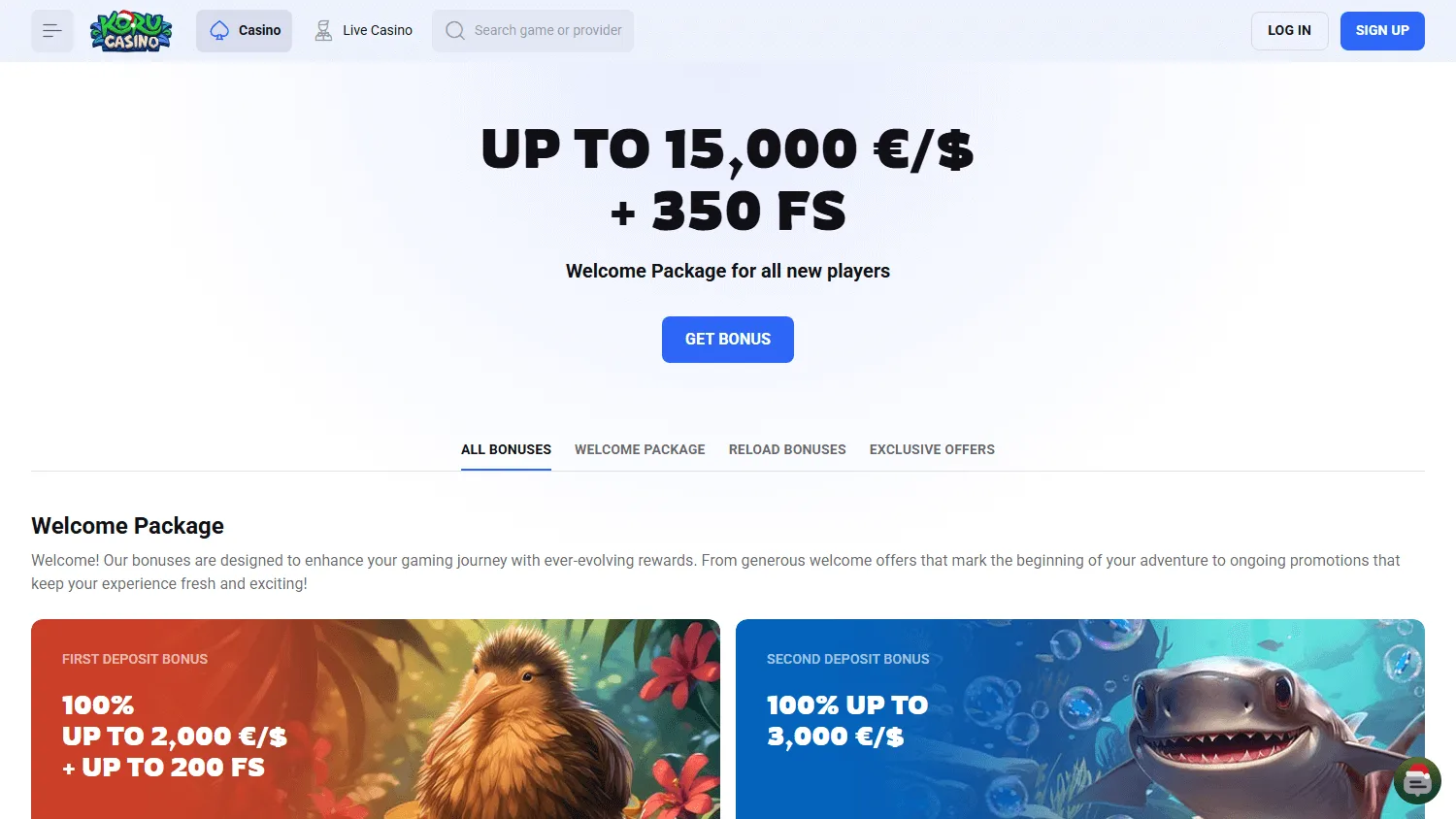 Koru Casino promotions page on a desktop device